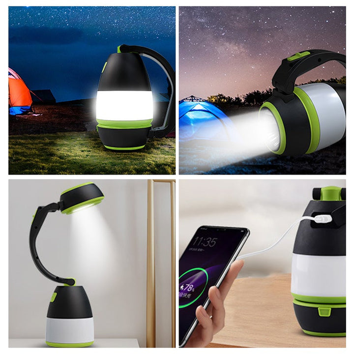 "Multifunktionell LED-uppladdningsbar campinglampa i röd, grön, blå, handhållen lyktor och bordslampa, 360° rotation."
