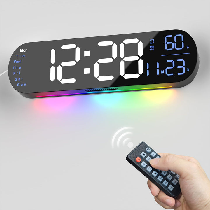 "Multifunktionell LED-väggklocka med RGB-ljus, visar 13,7-tums tydlig display, justerbara färger för alla heminredningar."