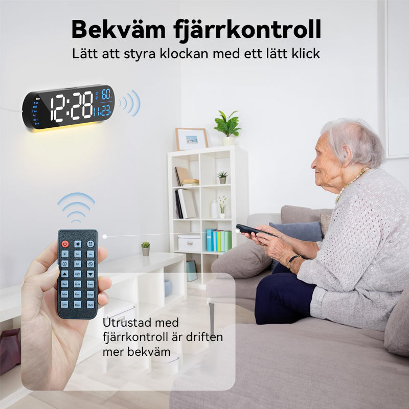 "Multifunktionell LED-väggklocka med RGB-ljus, visar 13,7-tums tydlig display, justerbara färger för alla heminredningar."