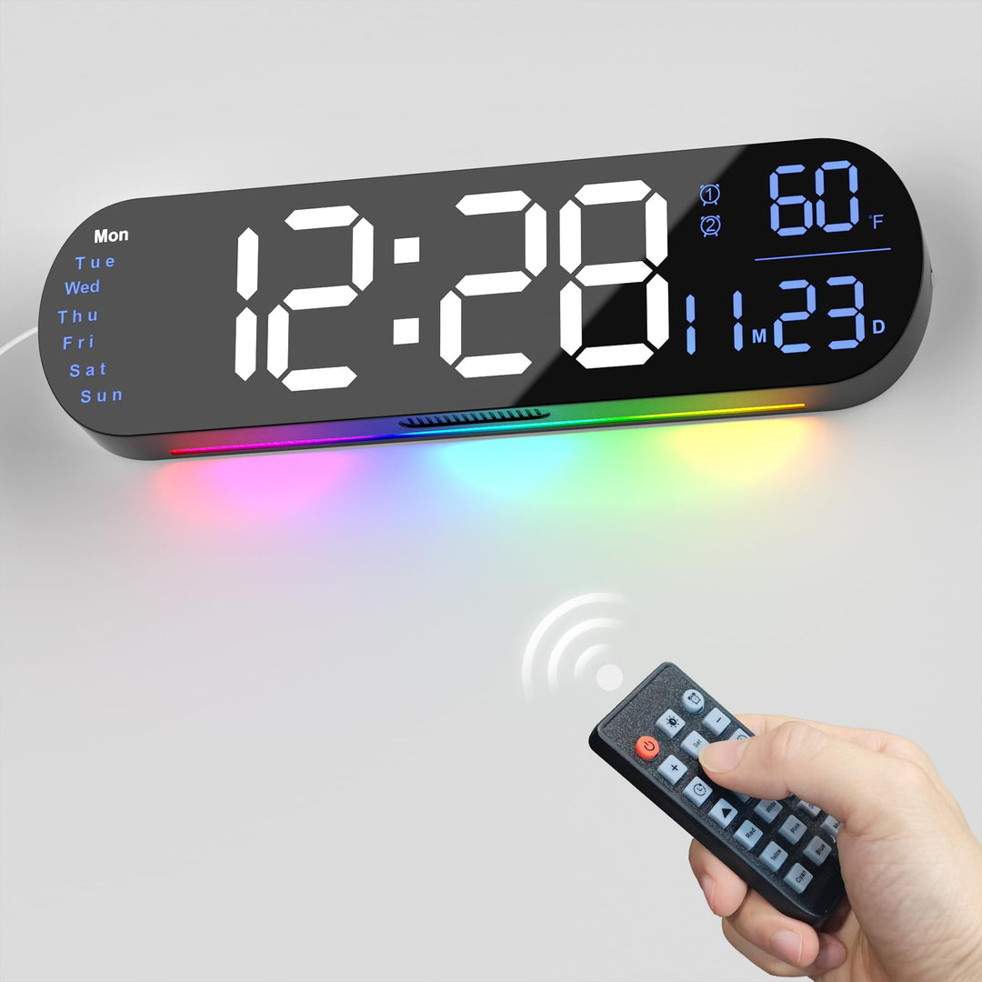 "Multifunktionell LED-väggklocka med RGB-ljus, visar 13,7-tums tydlig display, justerbara färger för alla heminredningar."