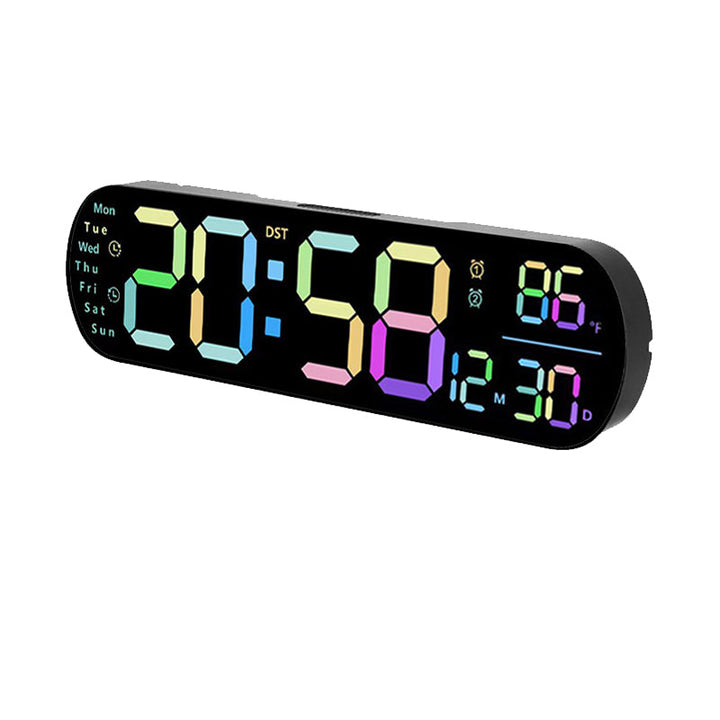 "Multifunktionell LED-väggklocka med RGB-ljus, visar 13,7-tums tydlig display, justerbara färger för alla heminredningar."