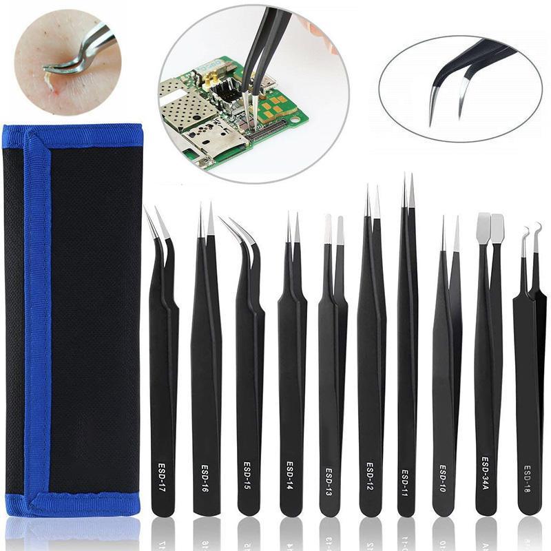 "Multifunktionell pincett i rostfritt stål, 10-pack. Antistatisk, icke-magnetisk, eleganta för smink & elektronik."
