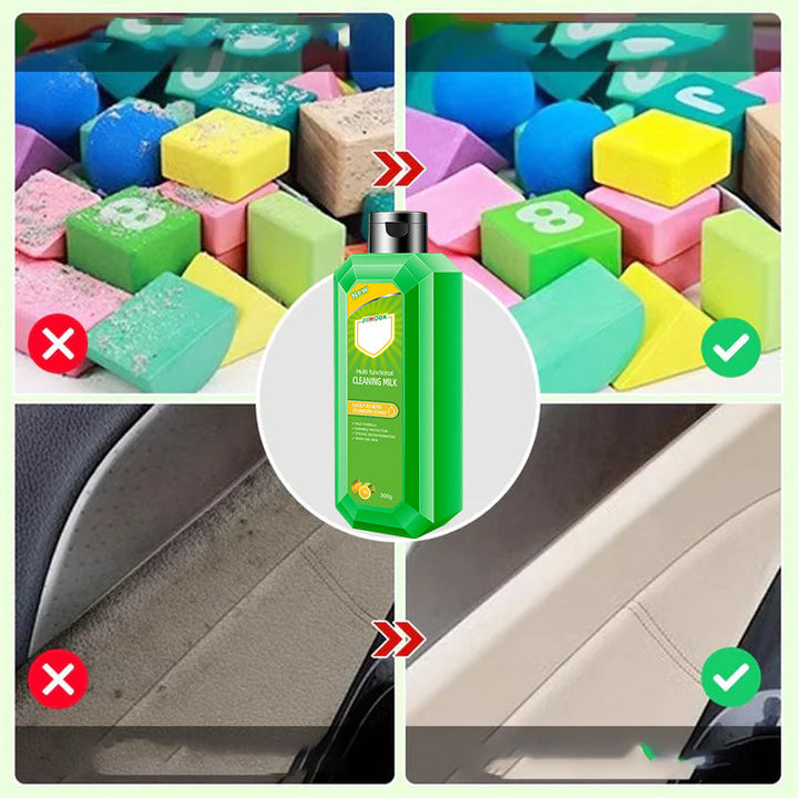 Multifunktionell rengöringsspray, grön flaska, perfekt för hem och bil, effektiv mot fläckar på glas och läder.