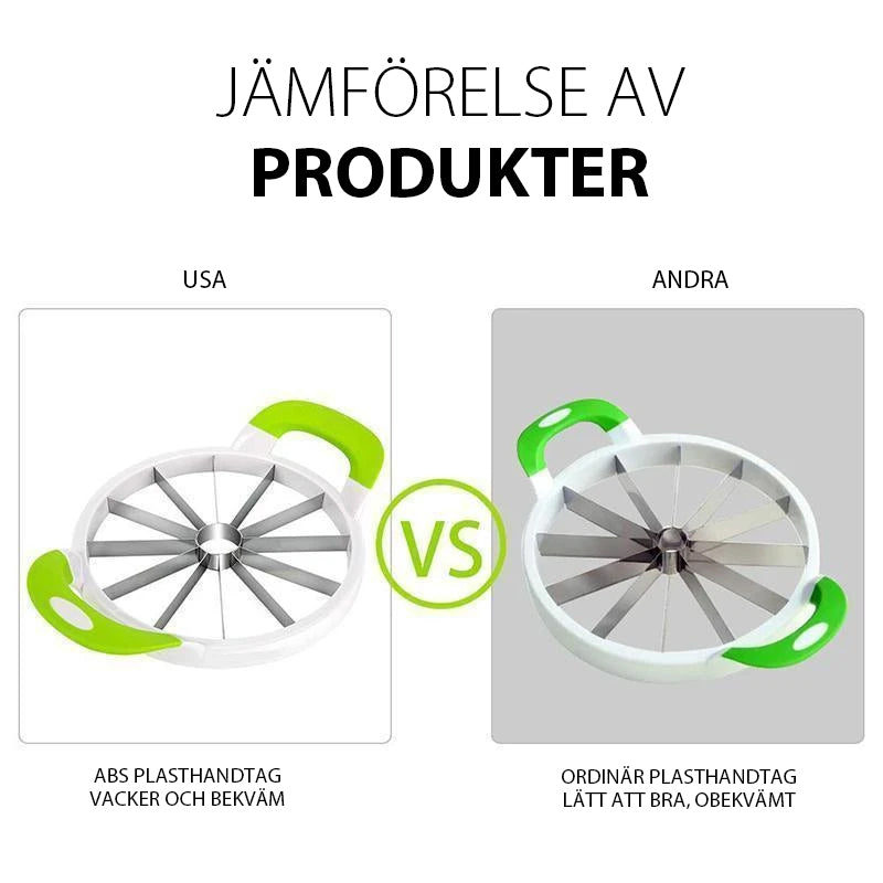 "Multifunktionell rund vattenmelonskärare i vit ABS-plast och rostfritt stål för snabb och jämn fruktskivning."