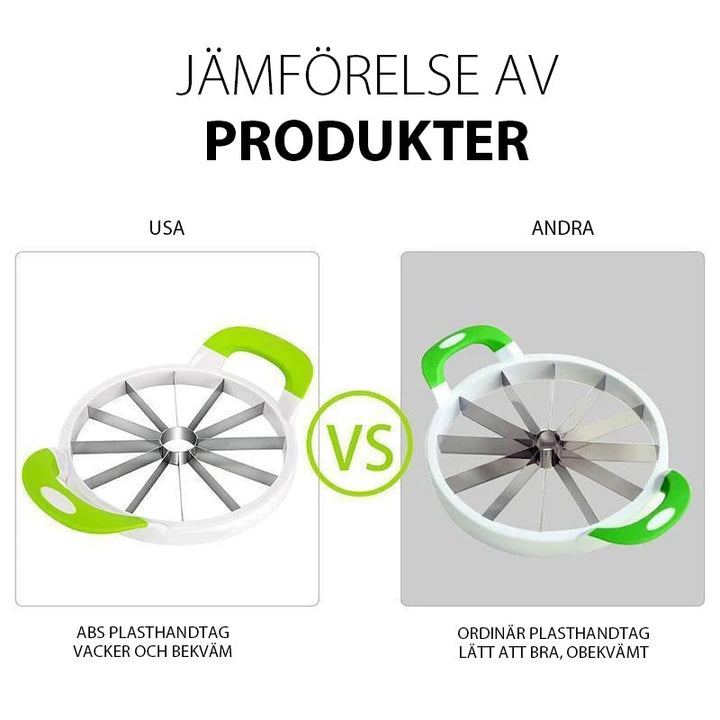 "Multifunktionell rund vattenmelonskärare i vit ABS-plast och rostfritt stål för snabb och jämn fruktskivning."