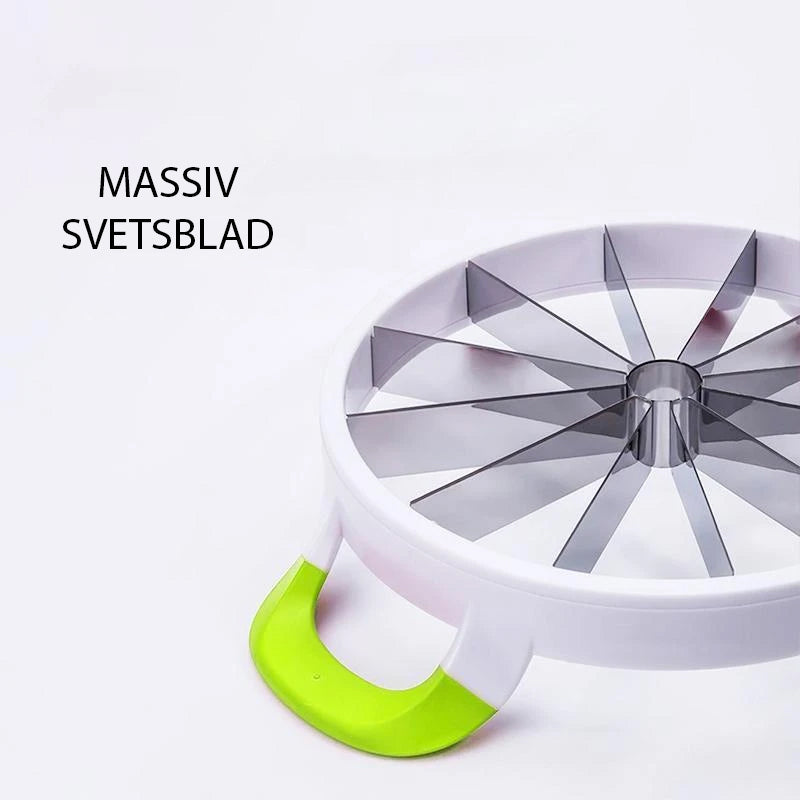 "Multifunktionell rund vattenmelonskärare i vit ABS-plast och rostfritt stål för snabb och jämn fruktskivning."