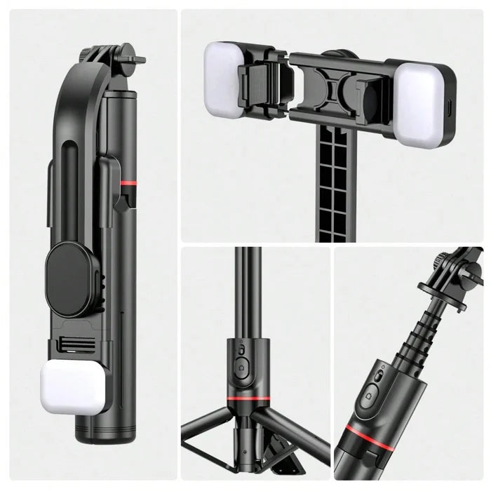 "Multifunktionell selfie-stick med LED, Bluetooth och justerbar vinkel; perfekt för porträtt och videoinspelningar."