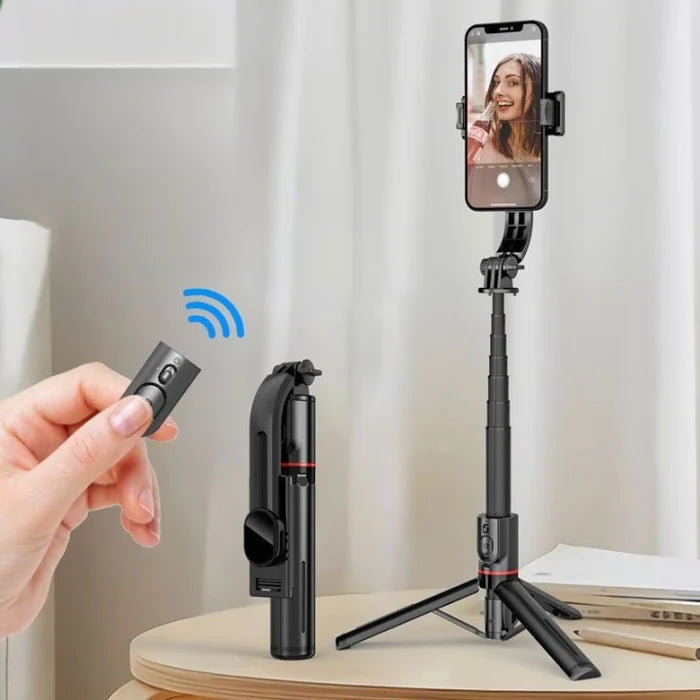 "Multifunktionell selfie-stick med LED, Bluetooth och justerbar vinkel; perfekt för porträtt och videoinspelningar."