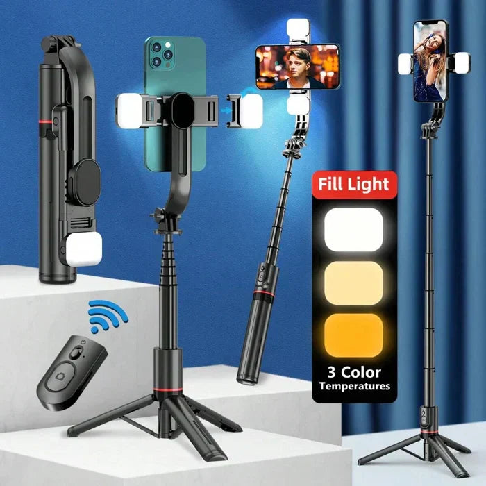 "Multifunktionell selfie-stick med LED, Bluetooth och justerbar vinkel; perfekt för porträtt och videoinspelningar."