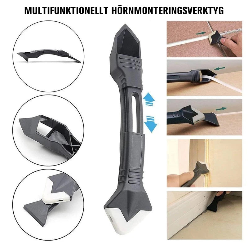 "Multifunktionell silikon fogborttagare i plast och stål med olika plasthuvuden. Perfekt för hörn och tuffa jobb."