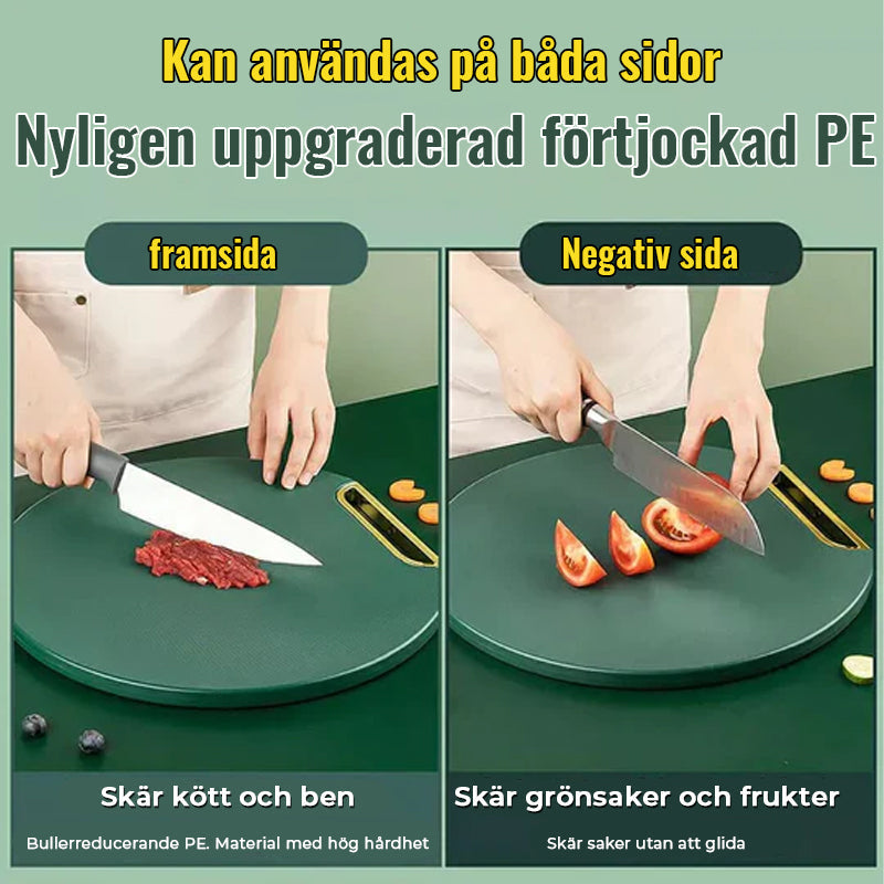 "Multifunktionell skärbräda i grön PE-plast med handtag, hållbar och lätt att rengöra, perfekt för modernt kök."