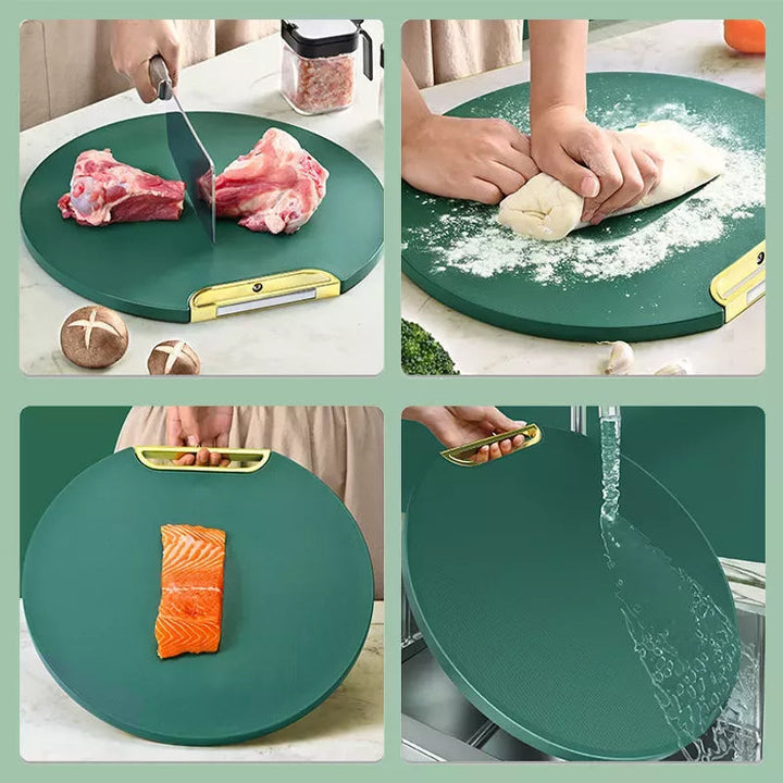 "Multifunktionell skärbräda i grön PE-plast med handtag, hållbar och lätt att rengöra, perfekt för modernt kök."