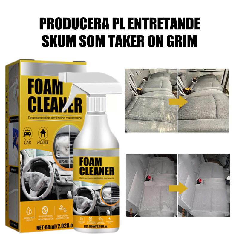 Multifunktionell skumrengöring för bil och hem, tar bort fett och smuts från olika ytor, vit flaska med blå etikett.