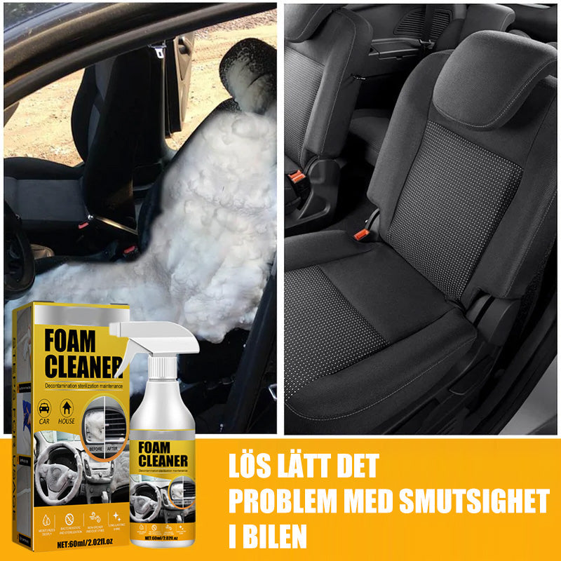 Multifunktionell skumrengöring för bil och hem, tar bort fett och smuts från olika ytor, vit flaska med blå etikett.