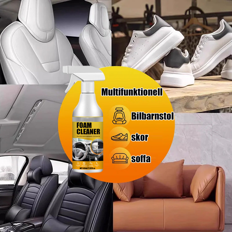 Multifunktionell skumrengöring för bil och hem, tar bort fett och smuts från olika ytor, vit flaska med blå etikett.