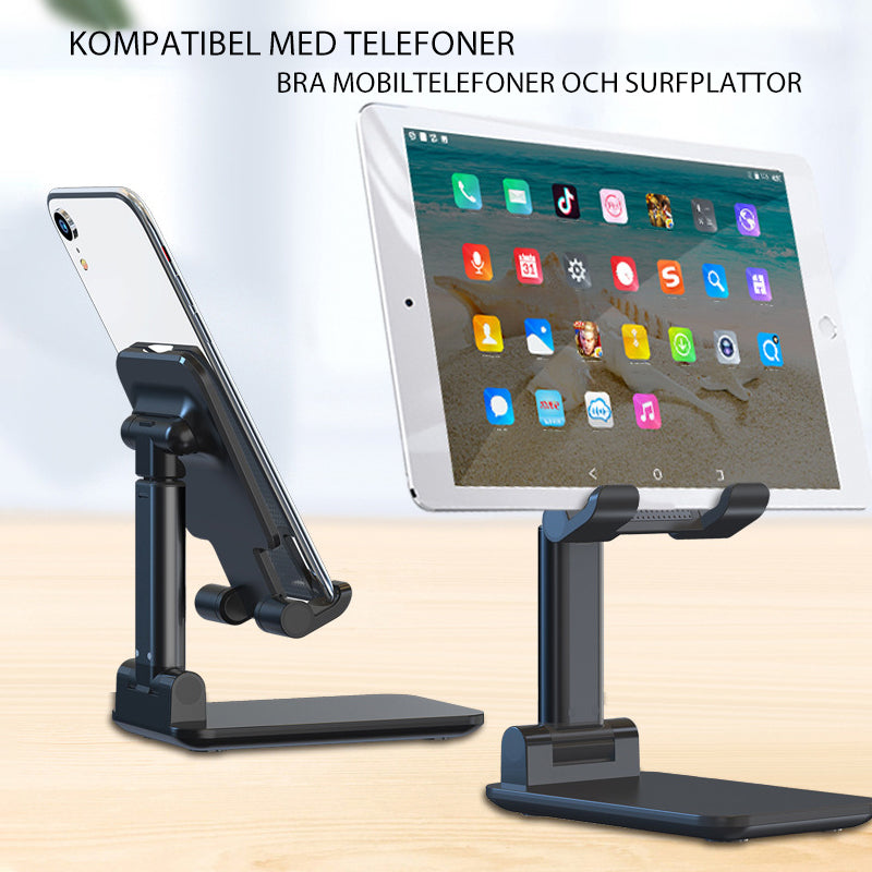 "Multifunktionell ställbar surfplattahållare i vit, svart, rosa på skrivbord. Hållbar och stilren, justerbar vinkel."