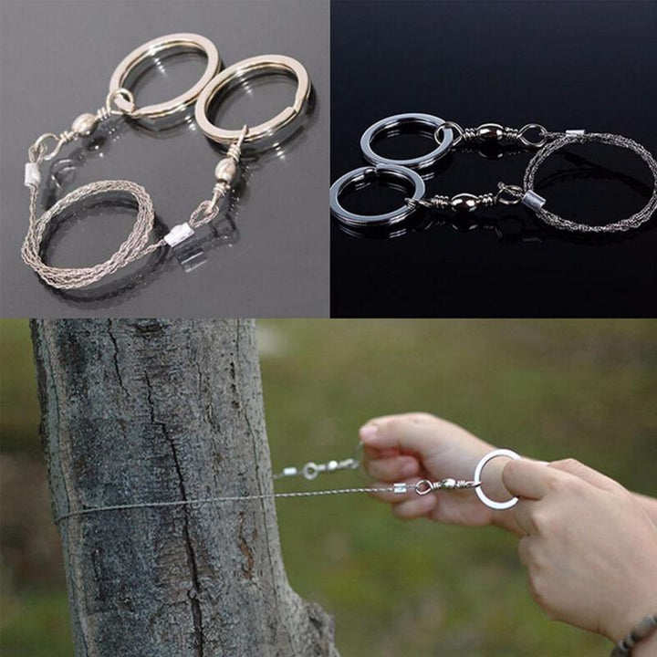 Multifunktionell ståltrådssåg för utomhusbruk, kompakt design med ringhandtag, idealisk för camping och vandring.