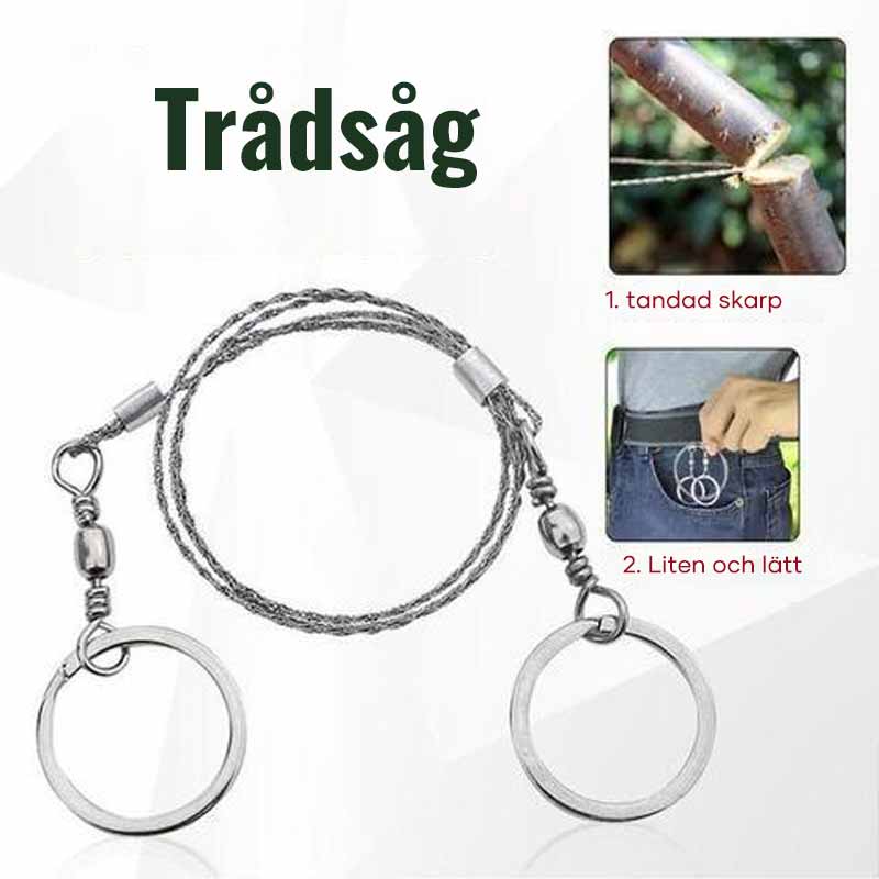 Multifunktionell ståltrådssåg för utomhusbruk, kompakt design med ringhandtag, idealisk för camping och vandring.