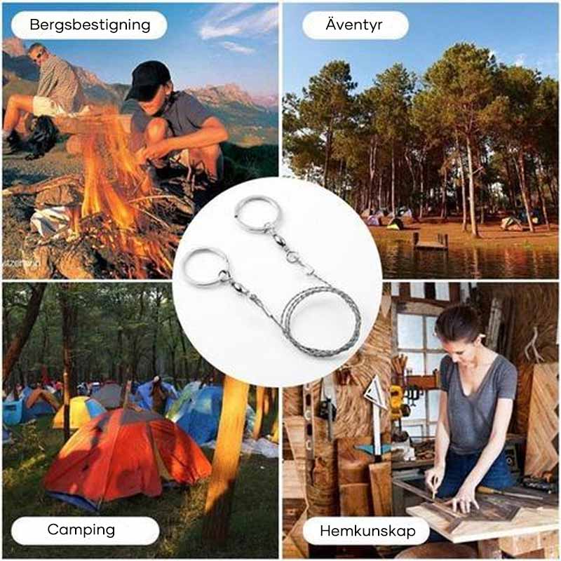 Multifunktionell ståltrådssåg för utomhusbruk, kompakt design med ringhandtag, idealisk för camping och vandring.