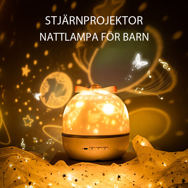 "Multifunktionell stjärnprojektor nattlampa för barn med ljuseffekter, skapar lugnande stämning med stjärnprojektionsmotiv."