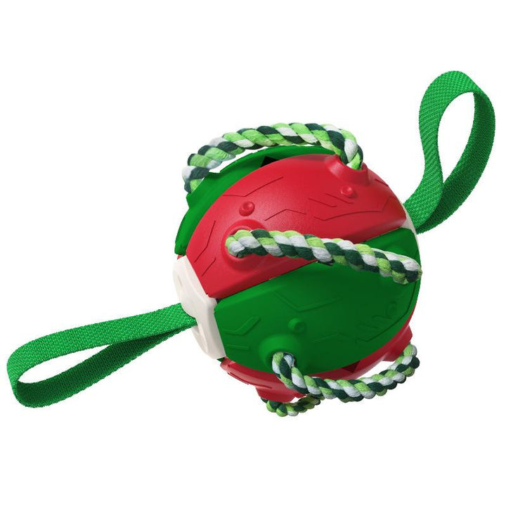 "Multifunktionell tuggig UFO-boll för hundträning med färgglada rep och gummiyta, perfekt för interaktiv lek utomhus."