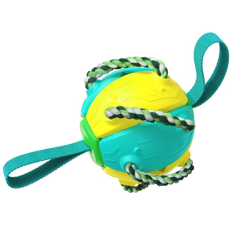 "Multifunktionell tuggig UFO-boll för hundträning med färgglada rep och gummiyta, perfekt för interaktiv lek utomhus."