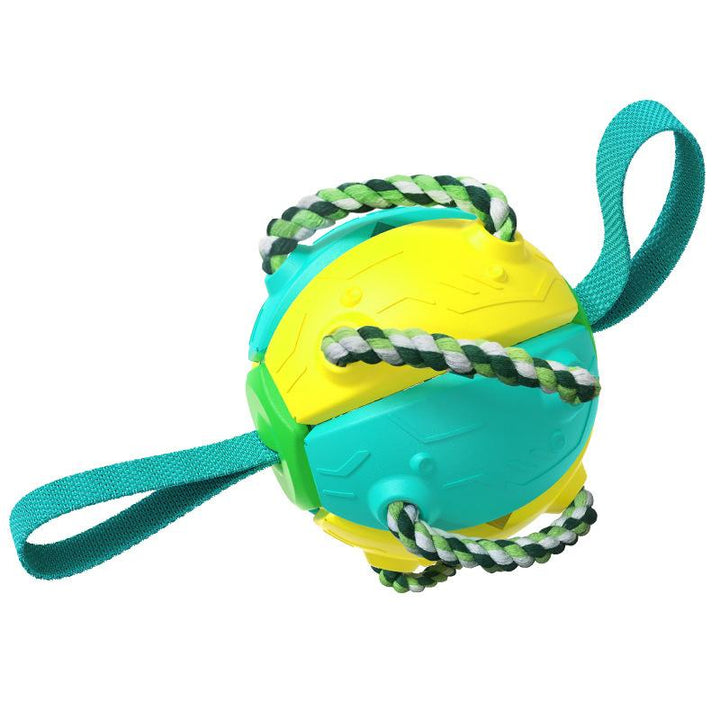 "Multifunktionell tuggig UFO-boll för hundträning med färgglada rep och gummiyta, perfekt för interaktiv lek utomhus."