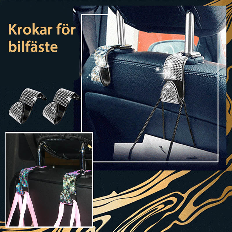 Multifunktionella flerfärgade och vita bilkrokar för baksätet, monterade för effektiv förvaring.