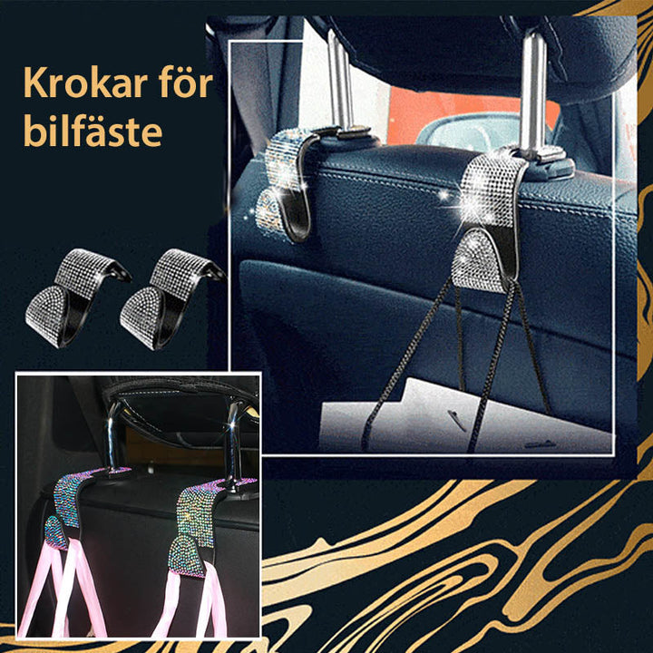Multifunktionella flerfärgade och vita bilkrokar för baksätet, monterade för effektiv förvaring.