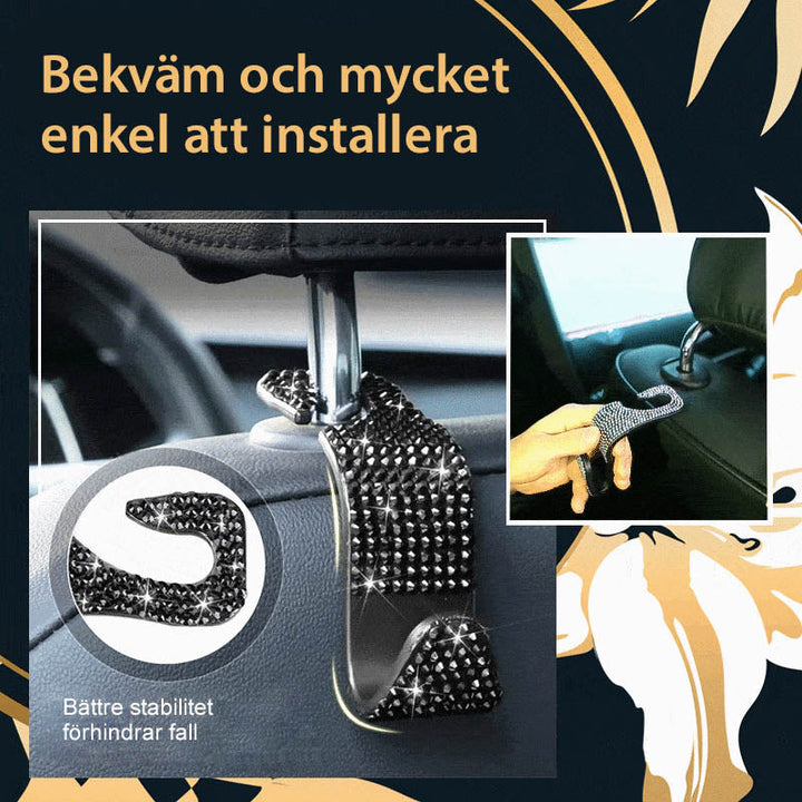 Multifunktionella flerfärgade och vita bilkrokar för baksätet, monterade för effektiv förvaring.
