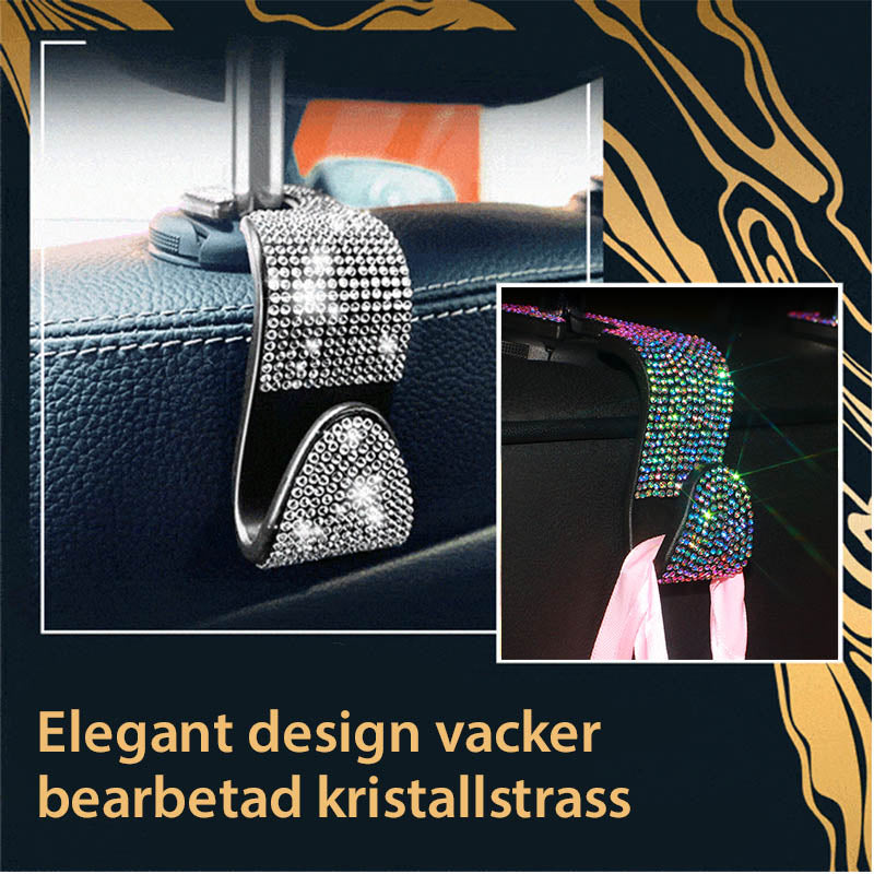 Multifunktionella flerfärgade och vita bilkrokar för baksätet, monterade för effektiv förvaring.