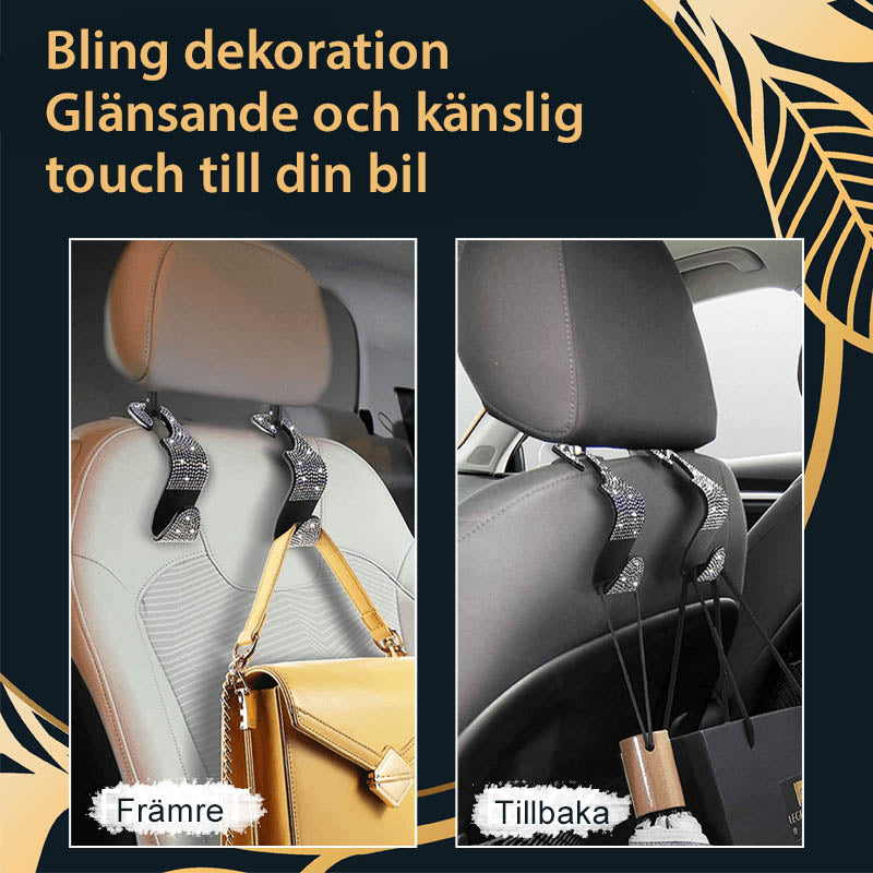 Multifunktionella flerfärgade och vita bilkrokar för baksätet, monterade för effektiv förvaring.