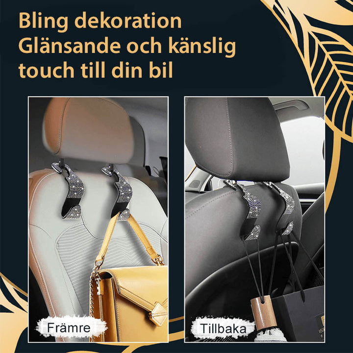 Multifunktionella flerfärgade och vita bilkrokar för baksätet, monterade för effektiv förvaring.