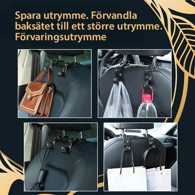 Multifunktionella flerfärgade och vita bilkrokar för baksätet, monterade för effektiv förvaring.