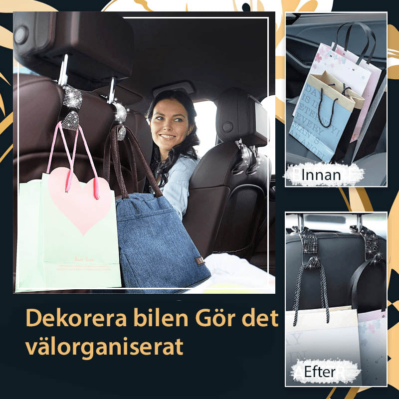Multifunktionella flerfärgade och vita bilkrokar för baksätet, monterade för effektiv förvaring.
