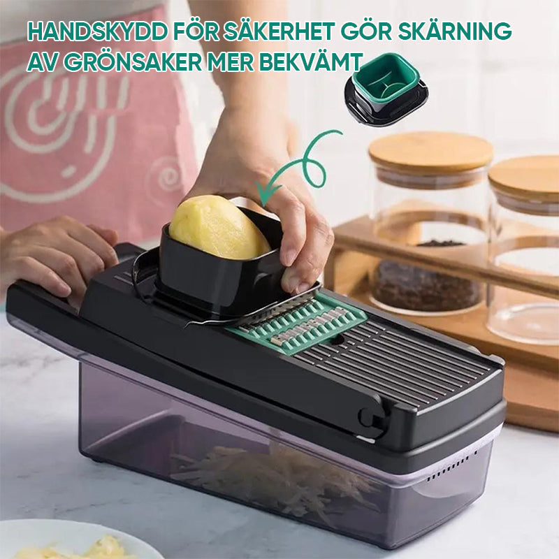 "Multifunktionellt grönsaksskärset i rostfritt stål med färgglada alternativ på vit bakgrund, köksredskap för skiva och tärna