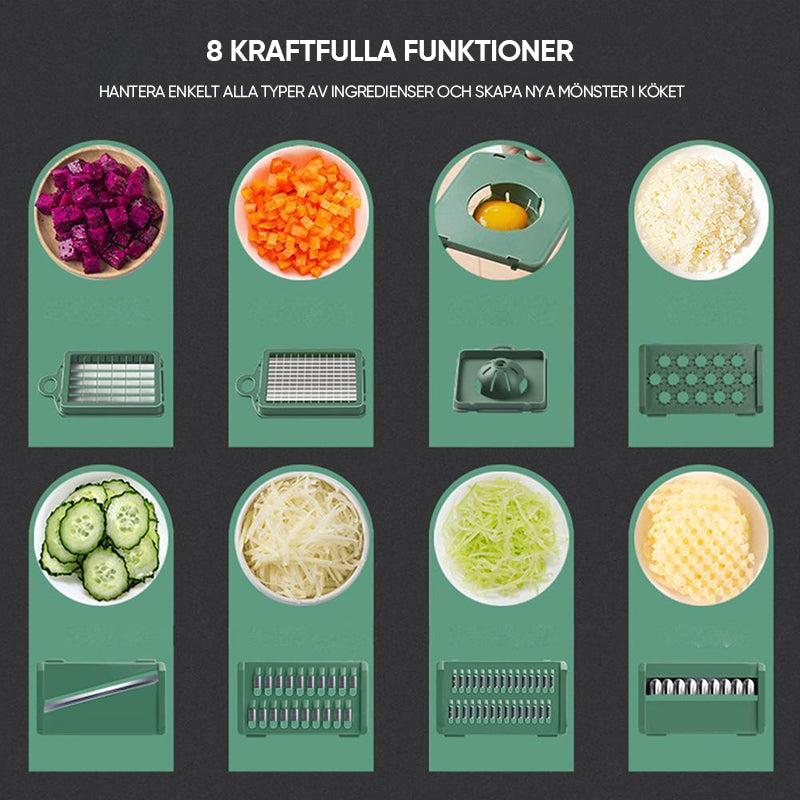 "Multifunktionellt grönsaksskärset i rostfritt stål med färgglada alternativ på vit bakgrund, köksredskap för skiva och tärna