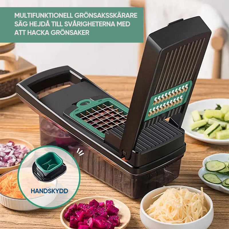 "Multifunktionellt grönsaksskärset i rostfritt stål med färgglada alternativ på vit bakgrund, köksredskap för skiva och tärna