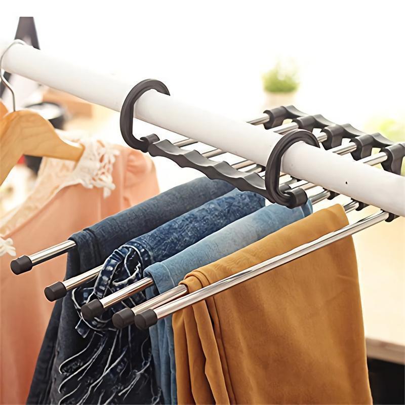 "Multifunktionellt klädhängare, platsbesparande unisex-design, rostfritt stål och svart ABS, för byxor och sjalar."