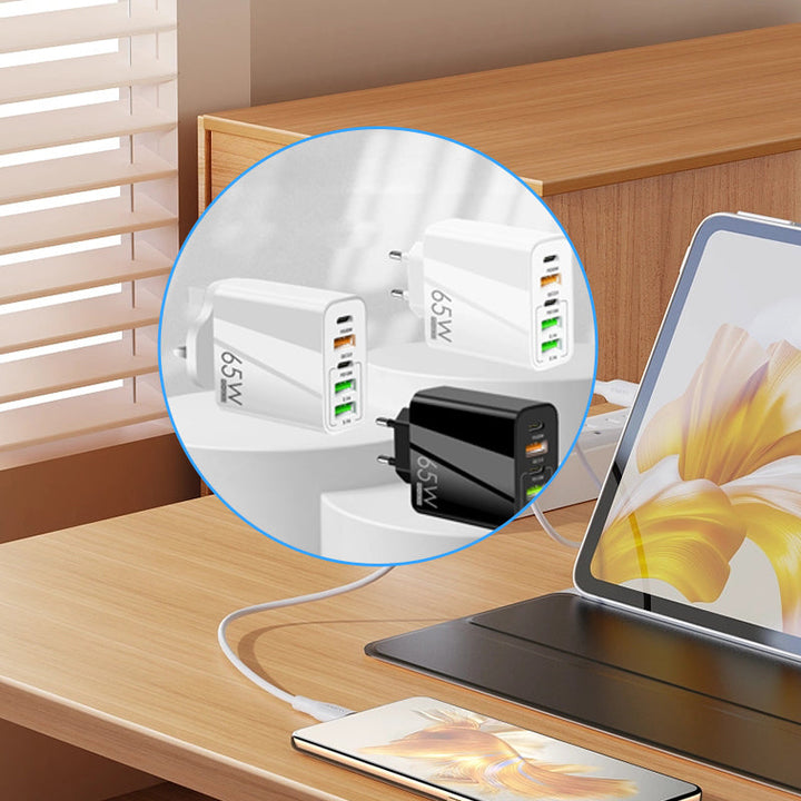"Multiportadapter 65W snabbladdare, kompakt design, flera USB-portar, laddar flera enheter snabbt och effektivt."