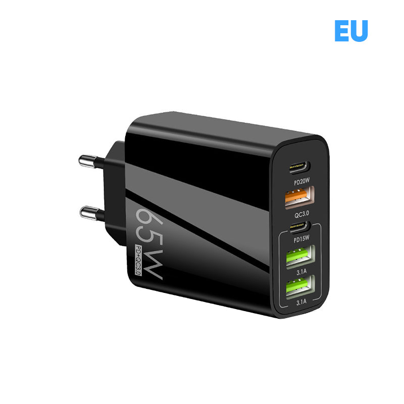 "Multiportadapter 65W snabbladdare, kompakt design, flera USB-portar, laddar flera enheter snabbt och effektivt."