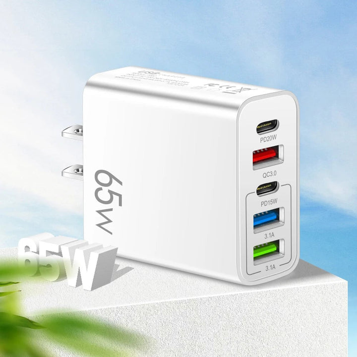 "Multiportadapter 65W snabbladdare, kompakt design, flera USB-portar, laddar flera enheter snabbt och effektivt."
