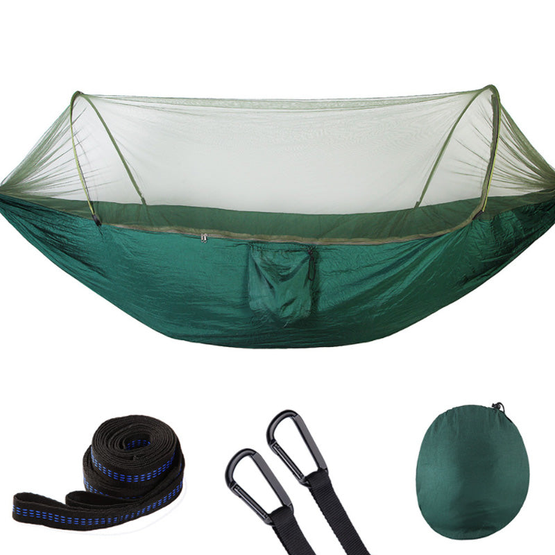 "Myggsäker campinghängmatta med stålstång, svart, kompakt design, effektivt insektsnät, slitstark nylon, 250x120cm."