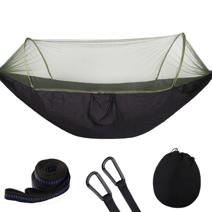 "Myggsäker campinghängmatta med stålstång, svart, kompakt design, effektivt insektsnät, slitstark nylon, 250x120cm."