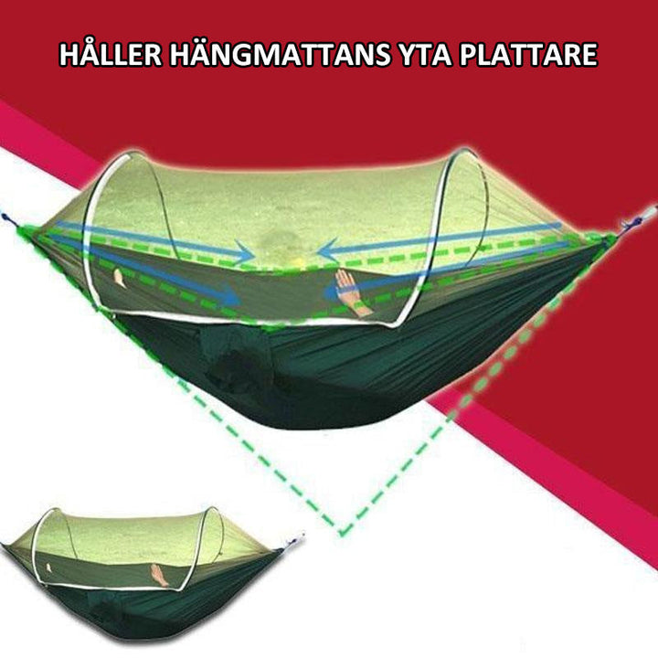 "Myggsäker campinghängmatta med stålstång, svart, kompakt design, effektivt insektsnät, slitstark nylon, 250x120cm."