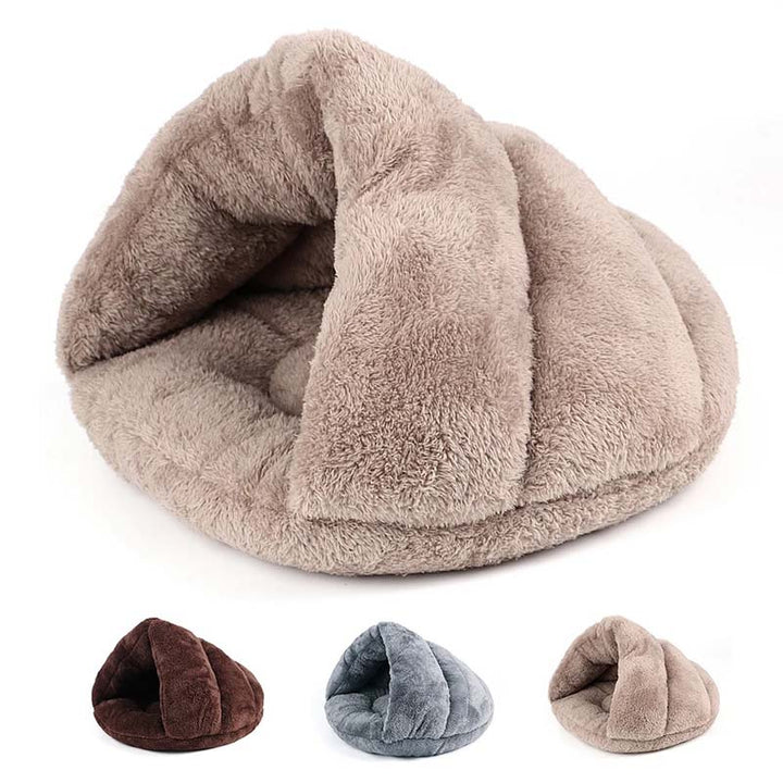 Mysig plysch grottbädd för katt & hund. Varm, trygg sovplats för valp, kattunge, små hundar.