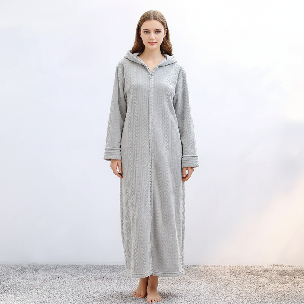 Praktisk badrock med hellång dragkedja & huva, designad för unisex. Mysig hemmakläder för avkoppling.