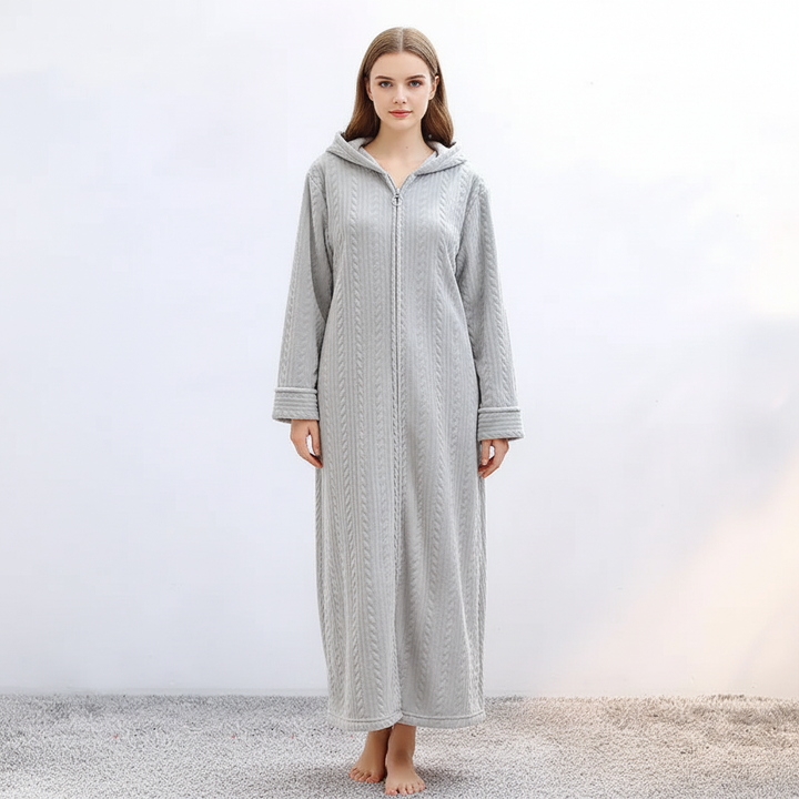 Praktisk badrock med hellång dragkedja & huva, designad för unisex. Mysig hemmakläder för avkoppling.