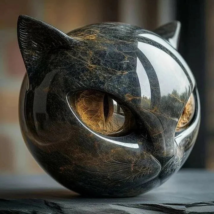 Svart marmorerad kattskulptur med bärnstensfärgade ögon på en stenyta