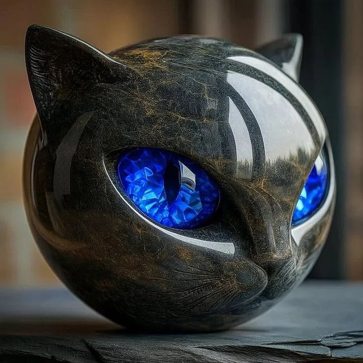 Svart kattskulptur med marmormönster i närbild för inredning